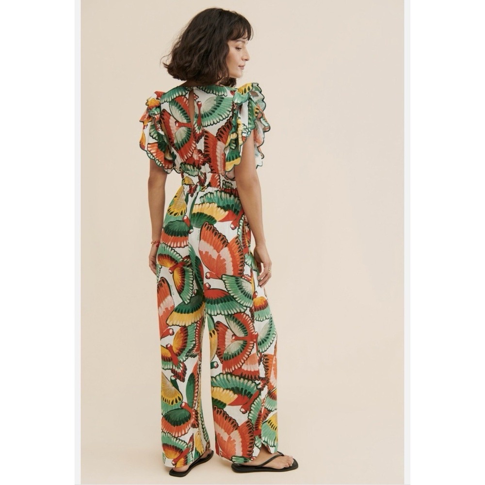 Farm Rio New Anthropologie Ruffle-Sleeve Linen Jumpsuit Size L - Picture 4 of 16